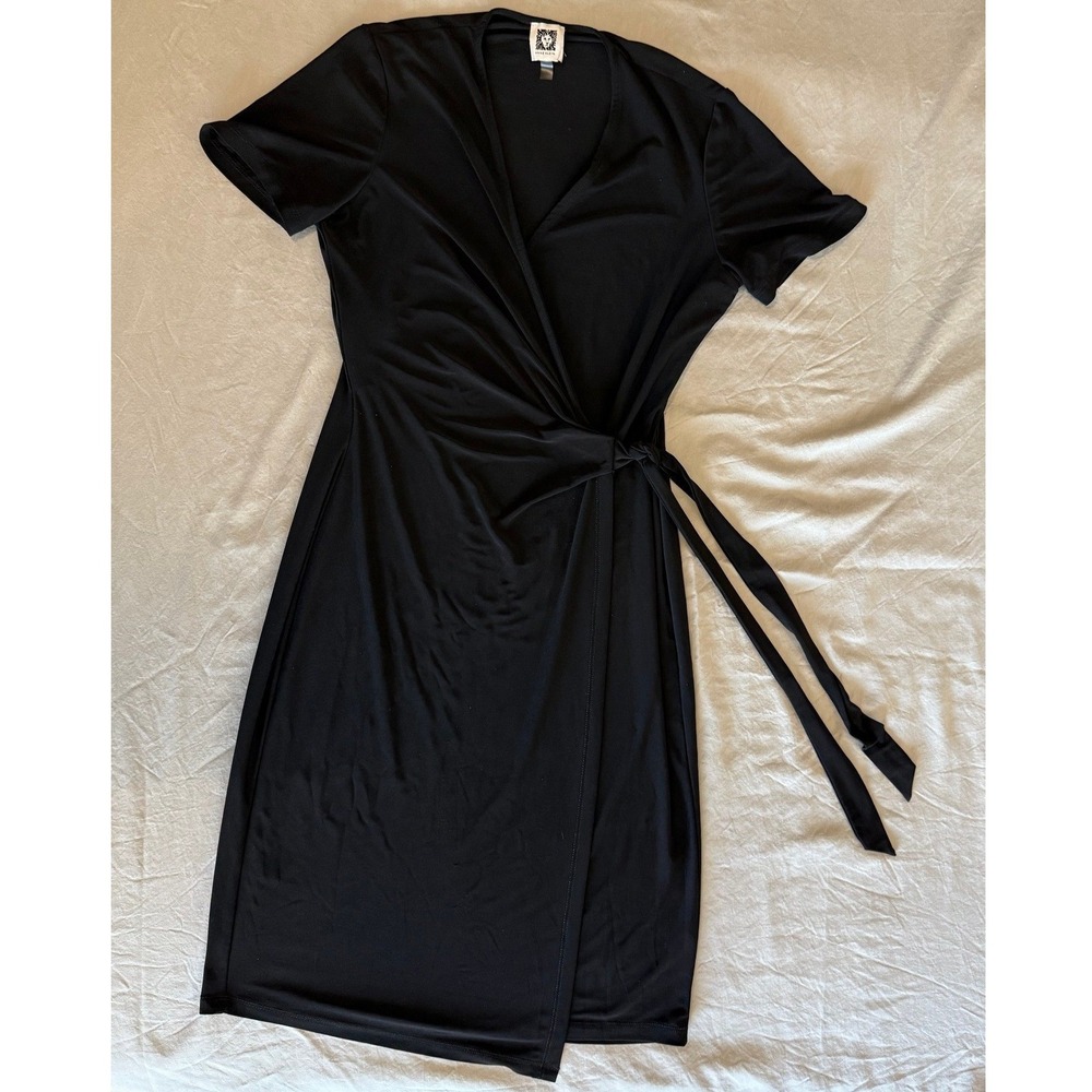 Anne Klein Black Short Sleeve Faux Wrap Tie Waist Dress Size 2 V-Neck Jersey